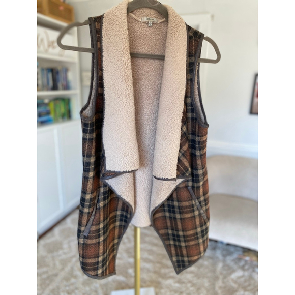 Jodifl Plaid Sherpa Lined Longline Vest Cardigan Cozy Quiet Luxury Brown Camel - Picture 2 of 8